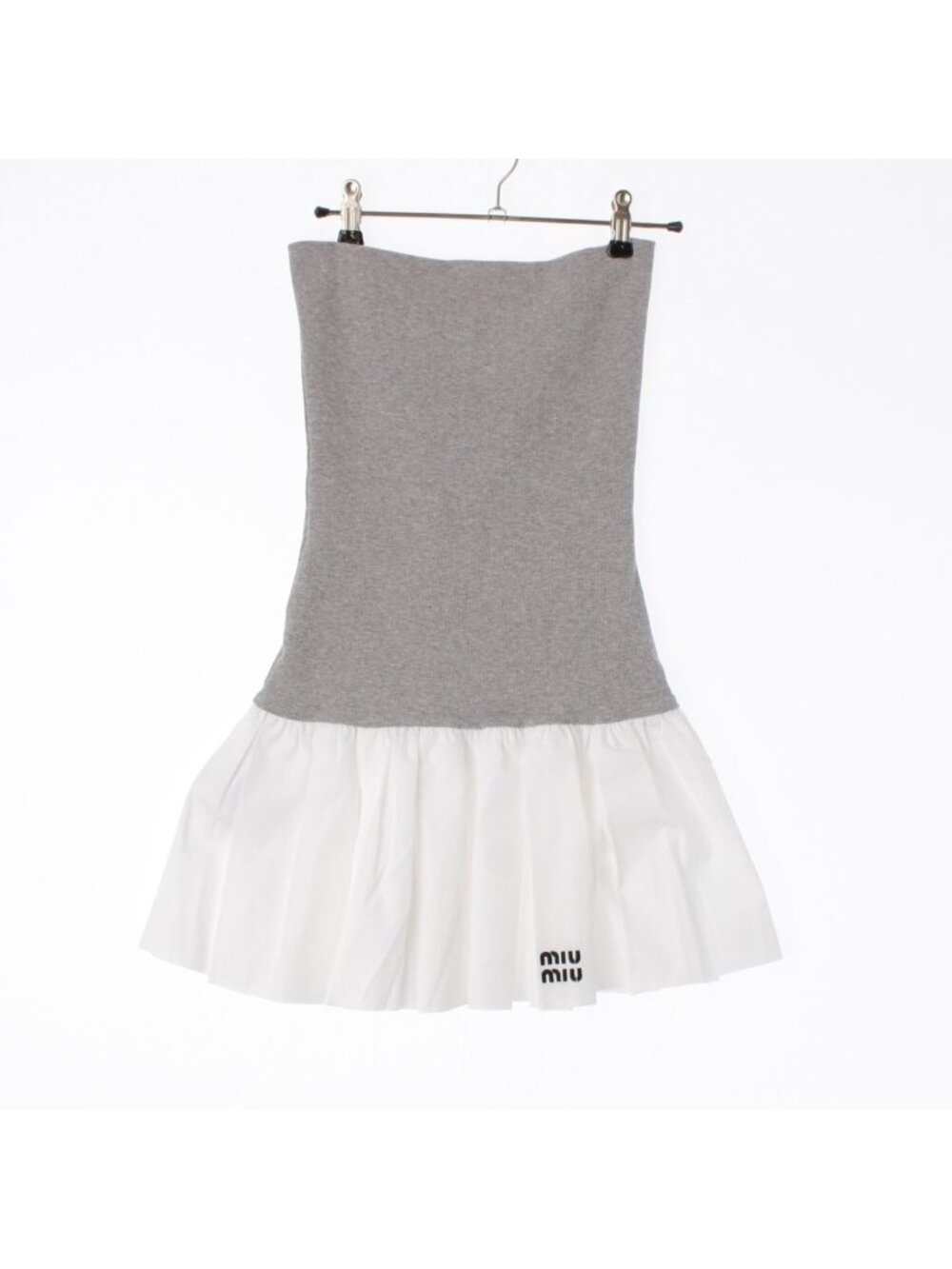 Miu Miu Cotton Poplin Cashmere Rib Knit Contrast Trim Mini Skirt White Gray 40
